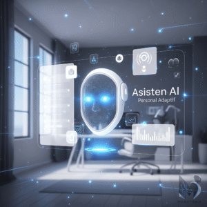 Ilustrasi futuristik asisten AI personal adaptif yang bekerja otomatis dalam lingkungan digital minimalis