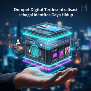 Ilustrasi dompet digital futuristik yang menyimpan identitas, crypto, dan akses digital