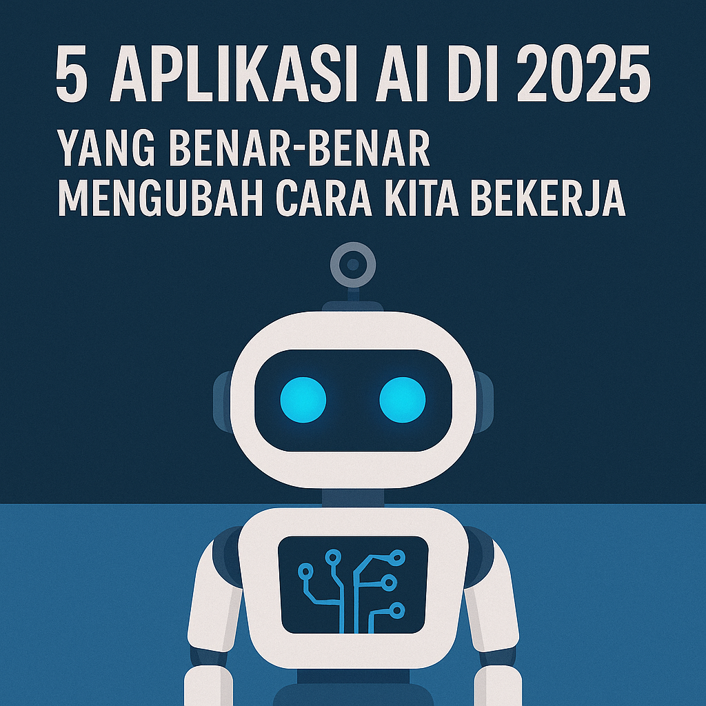 Gambar robot AI dengan teks judul: 5 Aplikasi AI di 2025 yang Benar-Benar Mengubah Cara Kita Bekerja.
