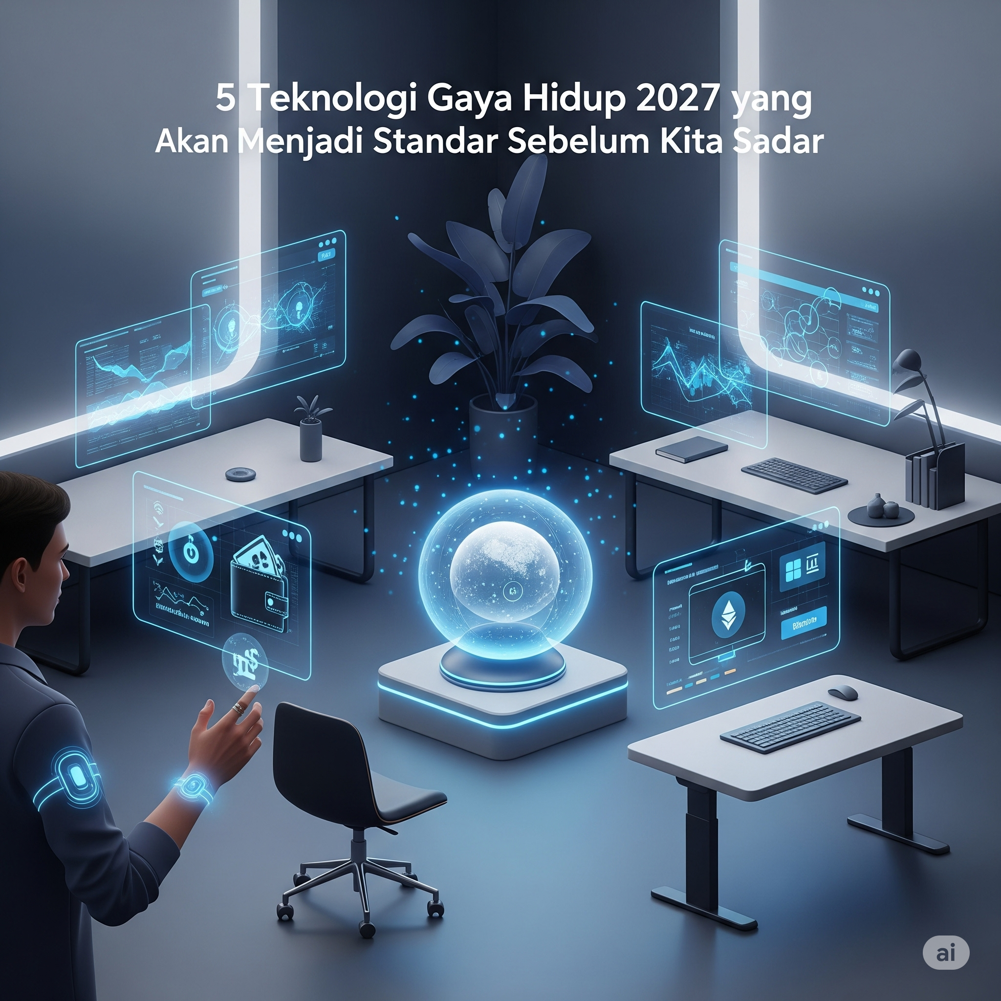 Ilustrasi futuristik lima teknologi gaya hidup tahun 2027 termasuk AI, rumah pintar, wearable, dompet digital, dan ruang kerja otomatis