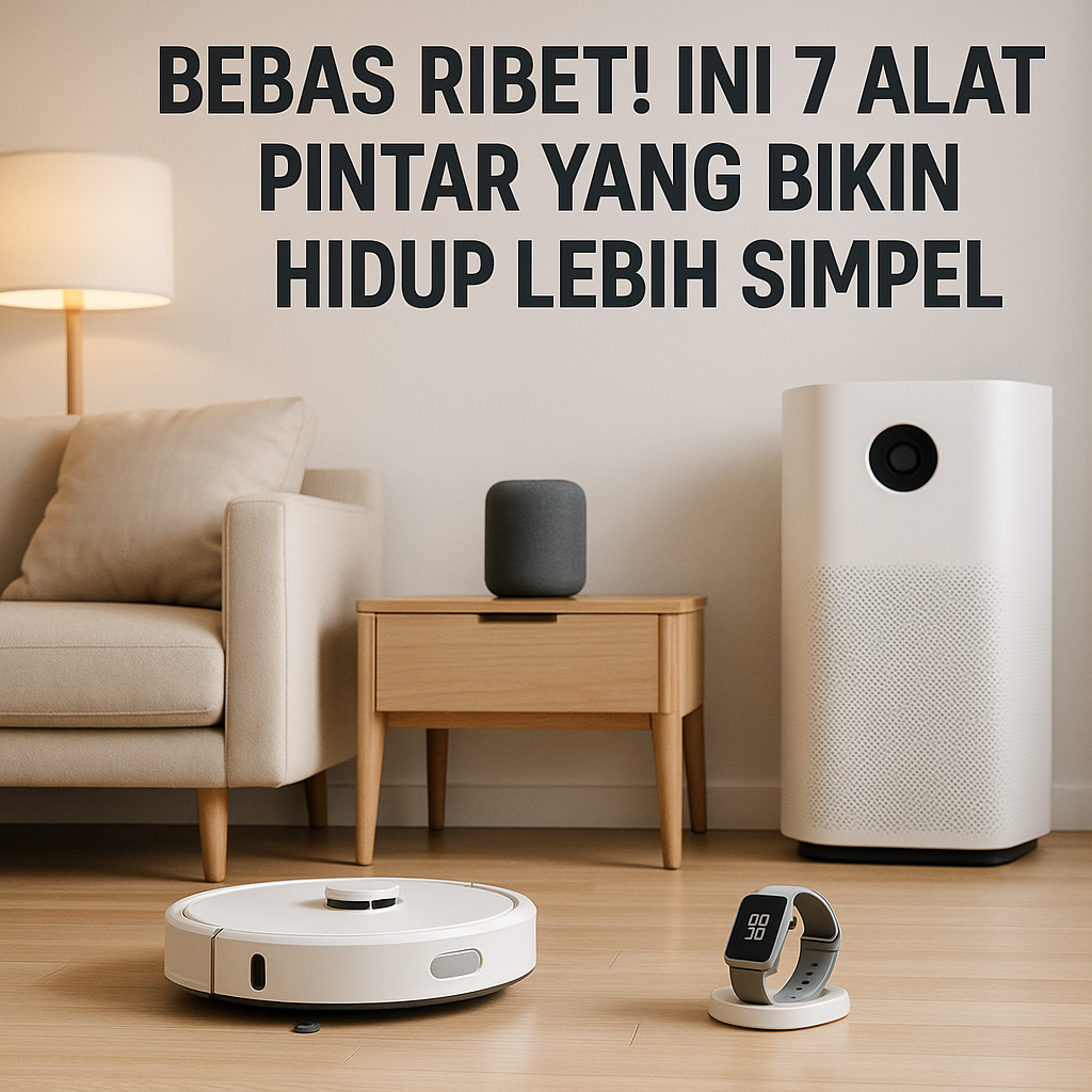 Interior rumah modern dengan alat pintar seperti vacuum robot, air purifier, dan smartwatch di ruang tamu