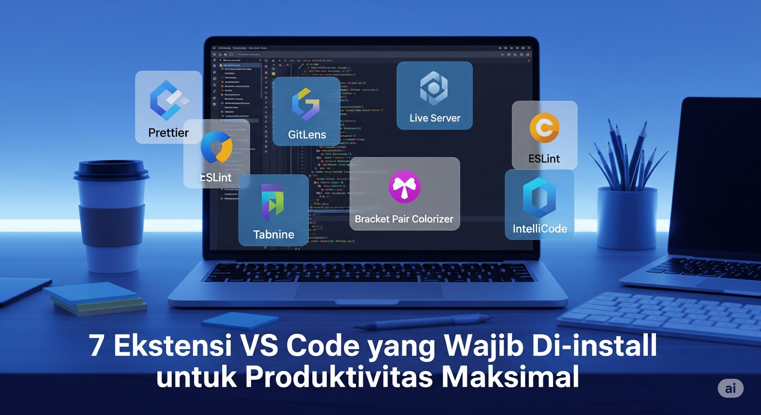 Workspace digital modern menampilkan laptop dengan VS Code dan ikon ekstensi produktivitas seperti Prettier, GitLens, ESLint.