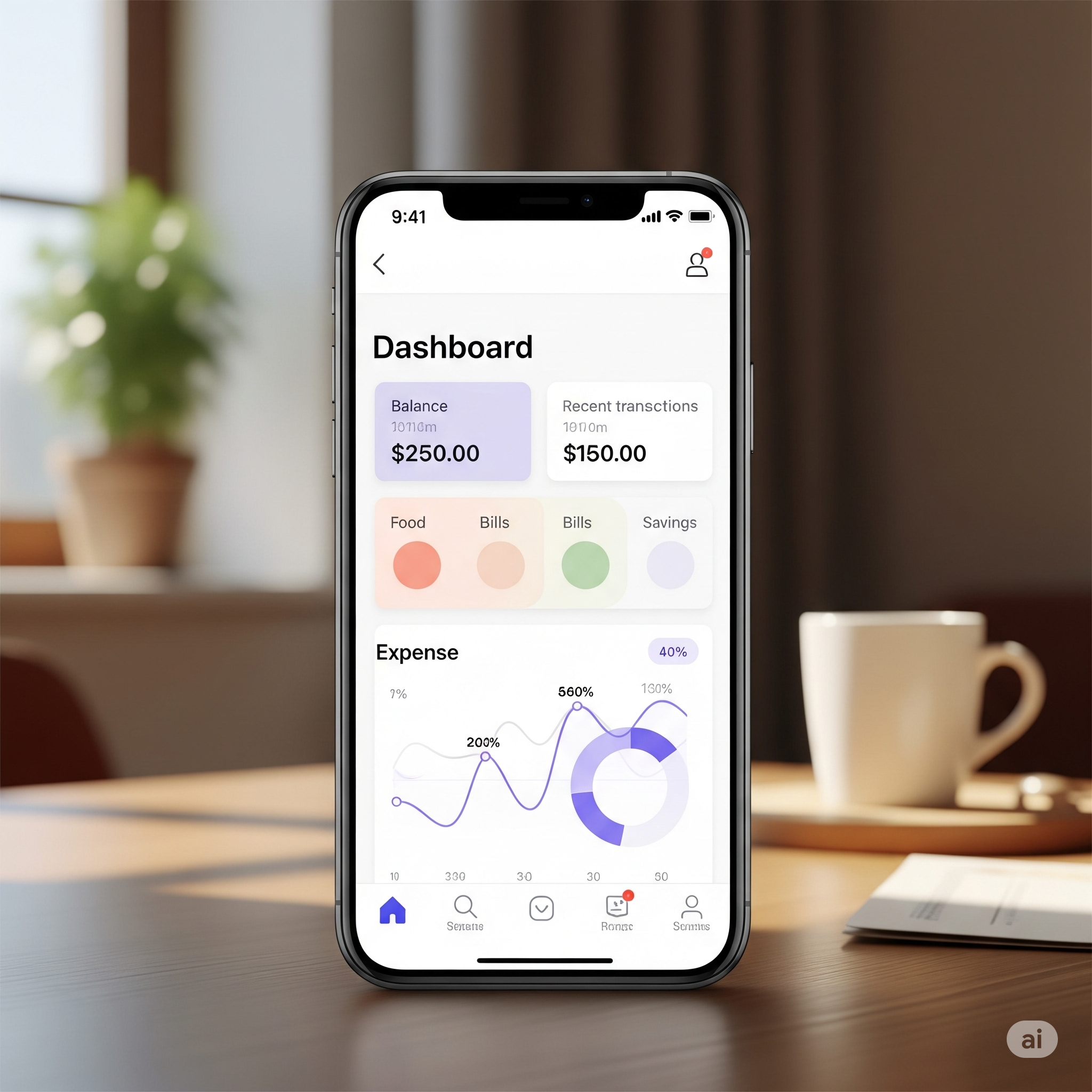 Dashboard aplikasi keuangan minimalis di smartphone