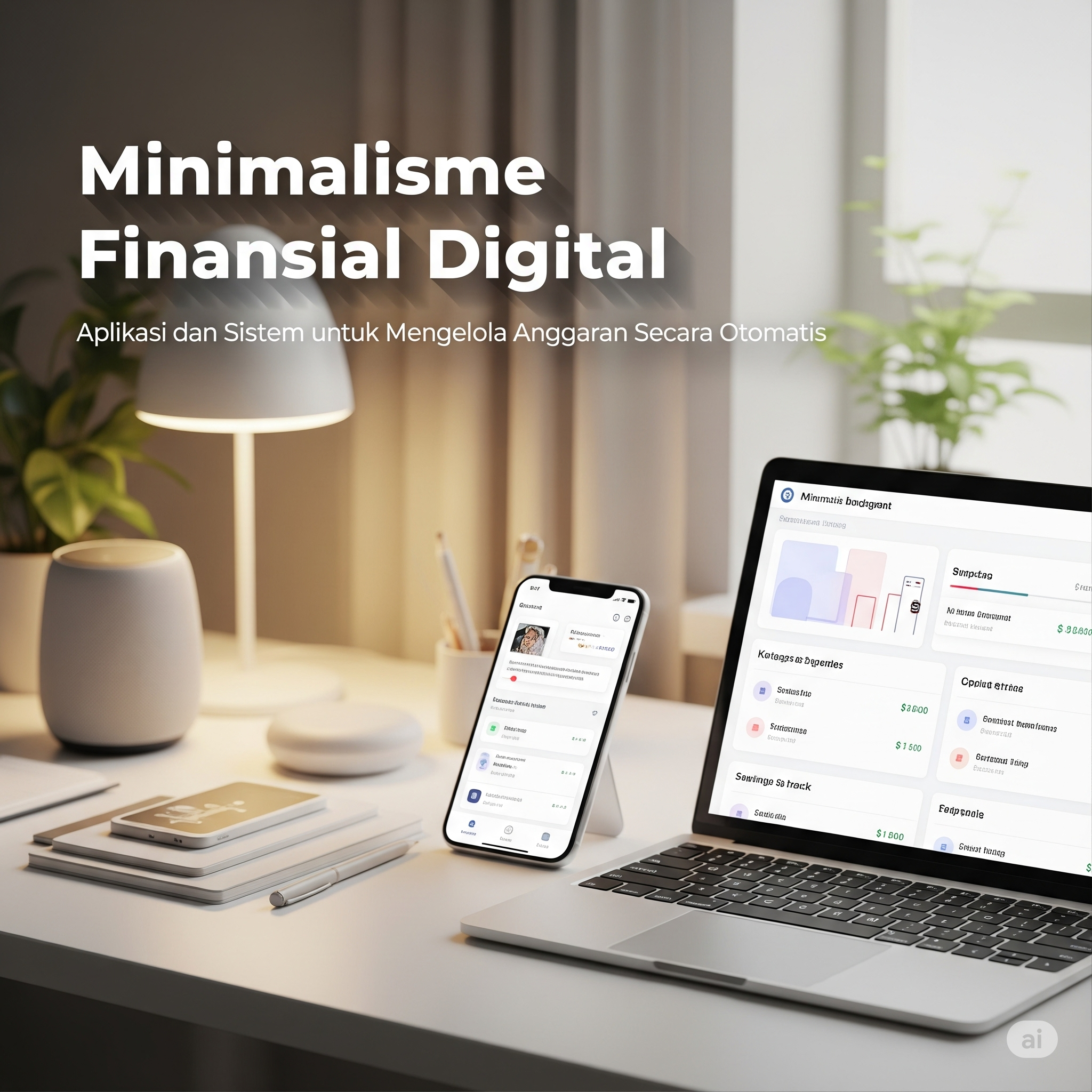 Gambar utama artikel Minimalisme Finansial Digital, menampilkan workspace modern dengan laptop dan smartphone yang menunjukkan dashboard aplikasi keuangan.