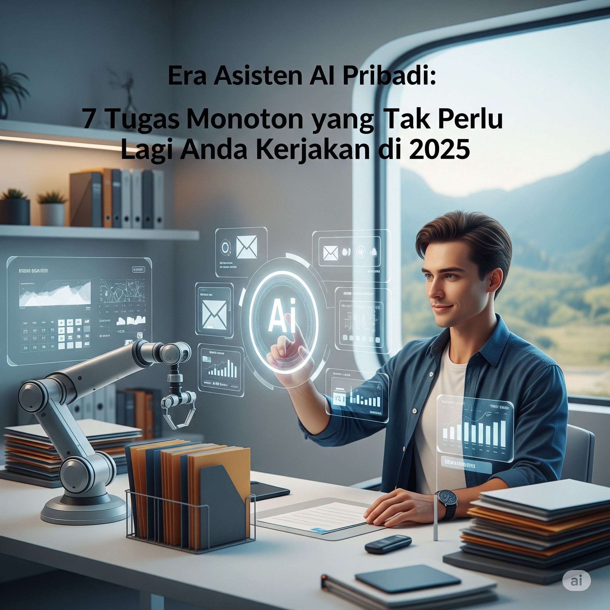 Seorang profesional di ruang kerja futuristik menggunakan hologram asisten AI pribadi untuk mengelola tugas, dengan lengan robotik di sampingnya.