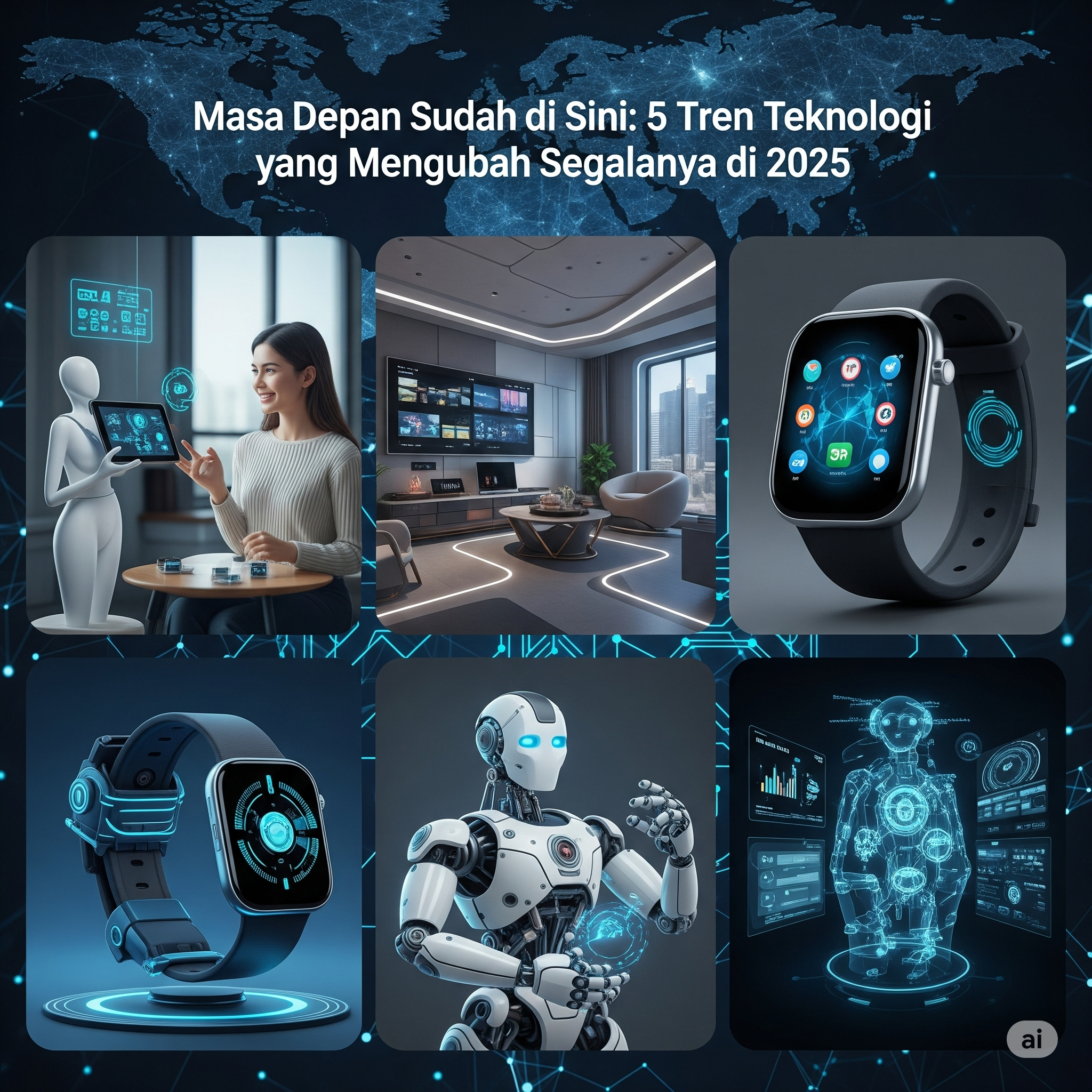 Tren Teknologi 2025: Kolase Digital AI, Smart Home, Wearable Tech, Robotik, dan Antarmuka Holografik
