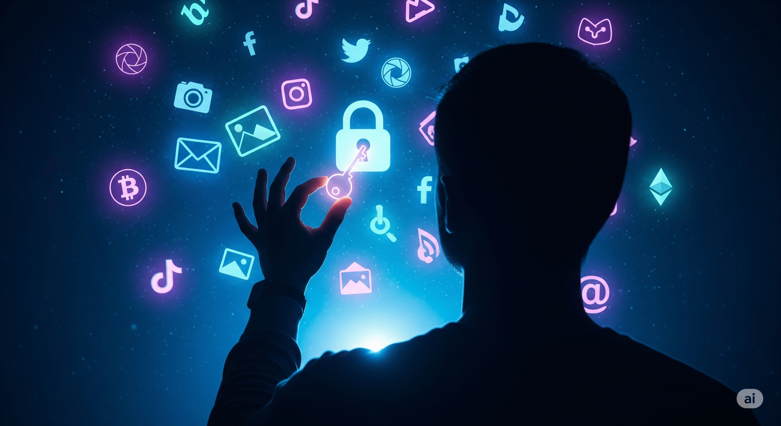 Siluet seseorang sedang mengatur warisan digital miliknya, yang digambarkan sebagai konstelasi ikon digital seperti media sosial, email, dan kripto.
