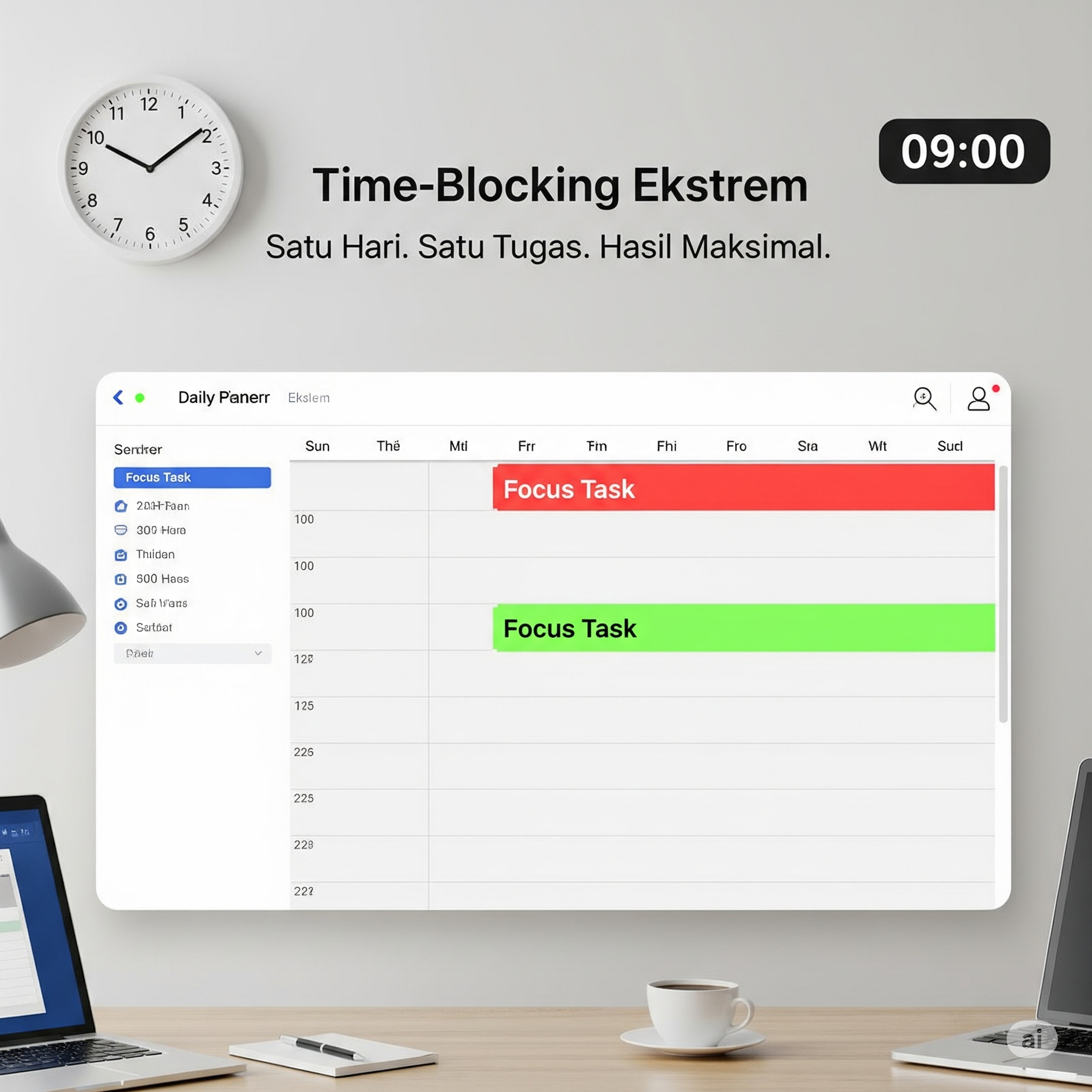 Ilustrasi konsep dari panduan time blocking ekstrem, menampilkan kalender digital dengan satu blok tugas besar untuk fokus maksimal.