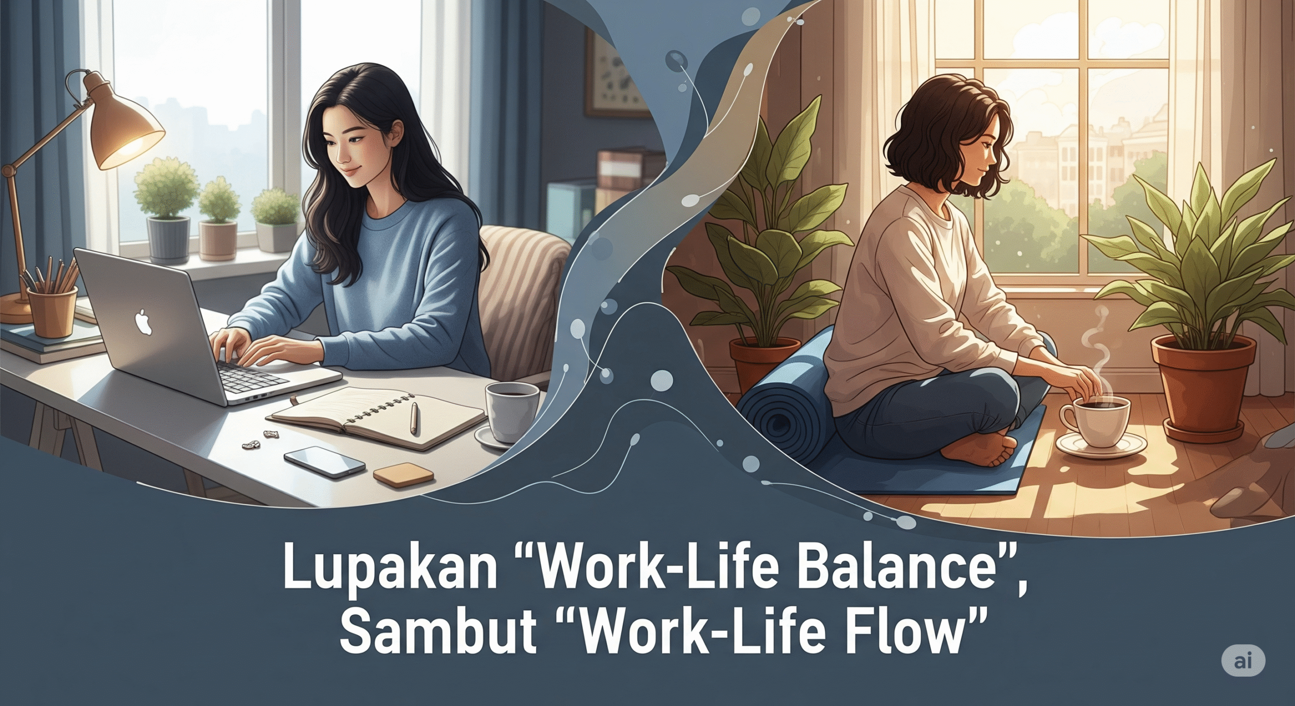 Ilustrasi simbolik konsep Work-Life Flow, di mana adegan seorang profesional bekerja di depan laptop mengalir harmonis ke adegan bersantai dengan kopi dan yoga.