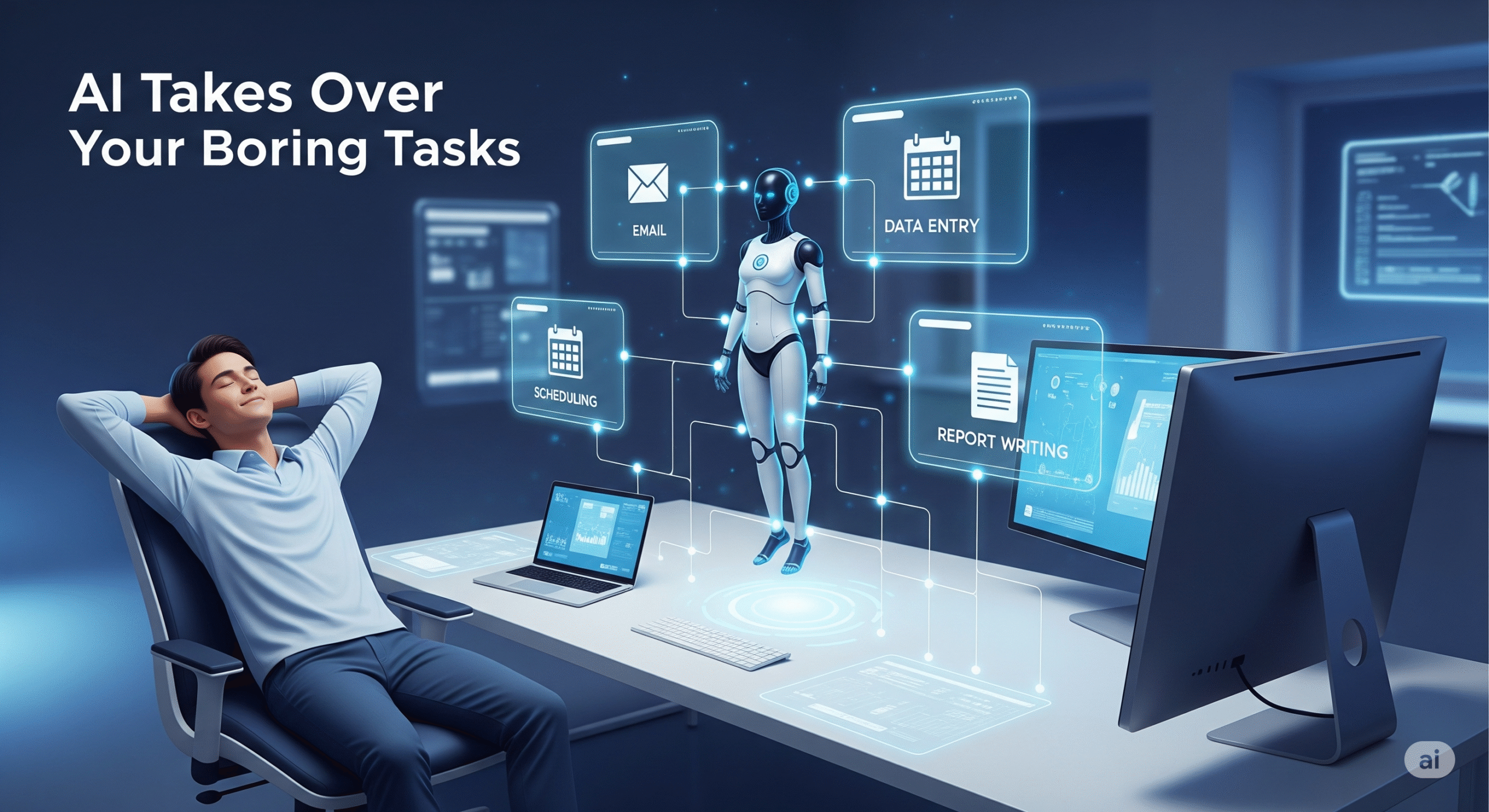 Ilustrasi konseptual seorang pria bersantai di meja kerjanya sementara robot AI mengambil alih tugas-tugas repetitif seperti email, entri data, dan penjadwalan pada antarmuka futuristik.
