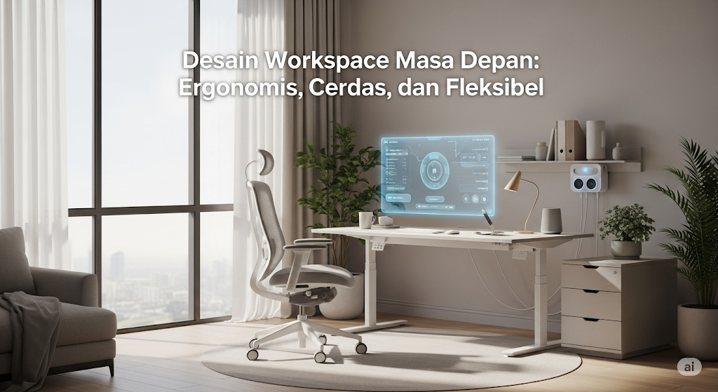 Kantor rumah futuristik, ergonomis dengan meja berdiri, pencahayaan cerdas, dan layar floating. Interior modern minimalis untuk produktivitas
