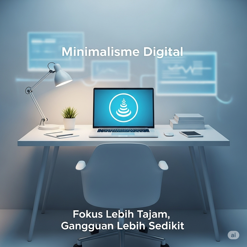 Ilustrasi minimalisme digital: meja kerja bersih, laptop ikon fokus, kurang gangguan